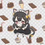  1girl :3 animal_ears animal_hands black_hair black_skirt blush bow cake candy cat_ears cat_tail character_request cherry chibi chocolate chocolate_bar closed_mouth commentary_request diamond-shaped_pupils diamond_(shape) drinking_straw fake_animal_ears fake_tail food fruit full_body glasses gloves hair_bow hands_on_own_face headdress ice_cream ice_cream_cone looking_at_viewer low_twintails medium_bangs milkshake miyan_(shamigame) paw_gloves puffy_short_sleeves puffy_sleeves ragnarok_masters ragnarok_online red_eyes shirt short_hair short_sleeves short_twintails sidelocks skirt smile solo symbol-shaped_pupils tail tail_bow tail_ornament twintails white_shirt yellow_bow 