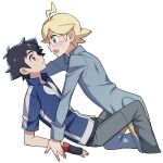  2boys ahoge ash_ketchum black_gloves black_hair blonde_hair blue_eyes blue_jacket blush brown_eyes clemont_(pokemon) commentary_request fingerless_gloves from_side glasses gloves highres jacket jumpsuit leaning looking_at_another male_focus multiple_boys open_mouth parted_lips pokemon pokemon_(anime) pokemon_xy_(anime) shirt short_hair sweat tuze111 white_background 