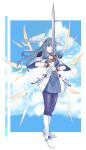 1girl black_pantyhose blue_eyes blue_sky breasts cleavage cloud commentary commission day dress english_commentary feathered_wings gloves grey_dress grey_hair head_wings highres holding holding_sword holding_weapon large_breasts long_hair looking_at_viewer melia_antiqua pantyhose ribbed_dress short_sleeves sky solo standing sword very_long_hair wanderstillart weapon white_footwear white_gloves white_wings wide_sleeves wings xenoblade_chronicles_(series) xenoblade_chronicles_1 