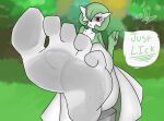  5_toes anthro barefoot demanding dialogue dominant feet female foot_fetish gardevoir generation_3_pokemon green_hair hair hi_res humanoid_feet mananif nintendo plantigrade pokemon pokemon_(species) raised_foot red_eyes soles solo speech_bubble text toes 