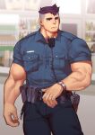  1boy absurdres bara bulge feet_out_of_frame highres jewelry large_hands looking_to_the_side male_focus muscular muscular_male original police police_uniform policeman purple_hair ring short_hair sideburns solo standing strongman_waist thick_eyebrows thick_neck thick_thighs thighs ttn_(239_239) uniform watch wristwatch 