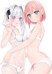  2girls ass back black_ribbon blue_eyes blush bob_cut bow bow_bra bow_panties bra braid breasts commentary_request crotch_seam grey_hair groin hair_intakes hair_ribbon hair_tie hand_in_another&#039;s_panties hand_on_another&#039;s_hip highres hijouguti lace-trimmed_bra lace-trimmed_panties lace_trim looking_at_viewer medium_hair multiple_girls navel open_mouth original panties parted_lips pink_hair purple_eyes ribbon short_hair side-tie_panties side_braid simple_background small_breasts smile standing twintails underwear underwear_only white_background white_bra white_panties 