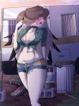  absurd_res angry anthro avian bird bottomwear breasts clothed clothing cowboy_hat cowgirl_outfit demon feathers female hair hat headgear headwear helluva_boss hi_res japy7u7 mammal owl owl_demon shirt shorts solo stella_(helluva_boss) thick_thighs topwear white_body 