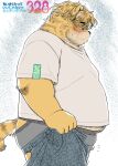  2023 anthro belly big_belly blush bottomwear bulge clothing felid genital_outline hi_res japanese_text kemono korokke male mammal meme minichin_chubby_day overweight overweight_male pantherine pants penis_outline shirt solo text tiger tight_pants_(meme) topwear underwear 