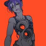  1girl arm_tattoo braid breasts commentary_request crop_top double_bun eyebrows_hidden_by_hair frown green_eyes groin hair_bun highres jojo_no_kimyou_na_bouken kujo_jolyne limited_palette medium_breasts mobius_strip navel_piercing piercing purple_hair red_background single_braid solo star_(symbol) stone_ocean tattoo upper_body yonchi 