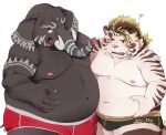  2023 anthro band-aid bandage black_body blush bulge clothing duo elephant elephantid felid girimehkala_(tas) hi_res hijirinoyuta kemono licho_(tas) lifewonders male male/male mammal overweight overweight_male pantherine proboscidean tiger tokyo_afterschool_summoners underwear white_body 