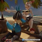  3d_(artwork) absurd_res beach bikini blender_(software) bra clothed clothing detailed_background digital_media_(artwork) dragonantojos duo female female/female generation_4_pokemon generation_8_pokemon genitals hi_res humanoid looking_pleasured lucario nintendo nipple_piercing nipples piercing pokemon pokemon_(species) pussy scorbunny sea seaside sex swimwear topless underwear water 