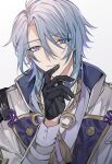  1boy armor black_gloves blue_hair closed_mouth genshin_impact gloves hair_between_eyes highres japanese_clothes kamisato_ayato long_hair looking_at_viewer male_focus mole mole_under_mouth nienieeel purple_eyes shoulder_armor simple_background smile solo upper_body white_background white_sleeves 