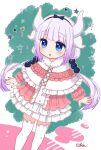  1girl :o blue_eyes blush bow_hairband capelet center_frills chiaki1126iove dragon_horns feet_out_of_frame frilled_capelet frilled_skirt frills fur-trimmed_capelet fur_trim hairband horns kanna_kamui kobayashi-san_chi_no_maidragon long_hair multiple_horns outstretched_arms pink_shirt purple_hair shirt signature skirt solo star_(symbol) thighhighs twintails very_long_hair white_skirt white_thighhighs 