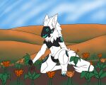  absurd_res anthro armor blue_eyes breastplate claws collecting crotchplate ears_back field_background fluffy fluffy_tail fur hi_res hunamarts machine male mammal multi_eye paws pivoted_ears plant protogen protogen_visor sky solo tail visor white_body white_fur 