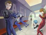  2girls 4boys ayanami_rei blue_hair brown_hair closed_mouth earphones full_body gloves grey_hair ikari_shinji interface_headset long_hair multiple_boys multiple_girls nagisa_kaworu neon_genesis_evangelion open_mouth orange_hair pilot_suit plugsuit saraebobobo short_hair sitting smile souryuu_asuka_langley suzuhara_touji 