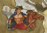  1boy abs alexander_the_great aquiline_nose ashita_no_joe blue_cape boxing_gloves brown_hair cape fine_art_parody horseback_riding male_focus nukazuke parody red_shorts riding rikiishi_tooru shorts solo toned 