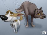  4catberry balto balto_(film) belka black_nose canid canine canis crossover domestic_dog duo female feral jewelry looking_up male mammal necklace smile snow space_dogs universal_studios 
