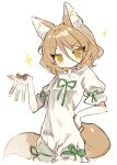  1girl animal_ears blonde_hair closed_mouth fox_ears fox_tail green_ribbon highres holding kudamaki_tsukasa ribbon romper short_hair short_sleeves simple_background smile solo springarashi02 tail test_tube touhou unfinished_dream_of_all_living_ghost white_background white_romper yellow_eyes 