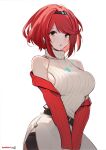  1girl bare_shoulders belt breasts hairband highres large_breasts minusk9 off_shoulder parted_lips pyra_(xenoblade) red_eyes red_hair ribbed_sweater side_slit sideboob simple_background skirt sleeveless sleeveless_turtleneck solo sweater swept_bangs turtleneck turtleneck_sweater white_background white_skirt white_sweater xenoblade_chronicles_(series) xenoblade_chronicles_2 