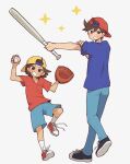  2boys alternate_costume ball baseball baseball_bat baseball_cap baseball_mitt black_footwear blue_shirt blue_shorts blush brown_eyes brown_hair denim denim_shorts doroidsan grin hat hero_(omori) holding holding_ball jeans kel_(omori) looking_at_viewer multiple_boys omori pants parted_lips red_footwear red_headwear red_shirt shirt shoes short_hair short_sleeves shorts simple_background smile sneakers teeth white_background yellow_headwear 