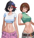  absurdres belt black_hair blue_eyes brown_eyes brown_hair crop_top green_shirt hair_ornament hairclip highres kill_la_kill mankanshoku_mako matoi_ryuuko one_eye_closed red_hair shirt smirk tefi_blum tongue tongue_out white_shirt 