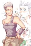  1boy 1girl 2608337875 absurdres blue_eyes breasts cigarette cleavage flattop genderswap genderswap_(ftm) grey_hair grin highres jean_pierre_polnareff jojo_no_kimyou_na_bouken kakyoin_noriaki no_smoking one_eye_closed smile smoking stardust_crusaders 