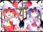  2girls ;) alternate_wings aru16 ascot bat_wings blonde_hair blue_brooch blue_hair brooch closed_mouth collared_shirt crystal fangs fingernails flandre_scarlet frilled_shirt_collar frills hat hat_ribbon highres jewelry long_fingernails looking_at_viewer medium_hair mob_cap multicolored_wings multiple_girls nail_polish one_eye_closed one_side_up open_mouth pink_shirt puffy_short_sleeves puffy_sleeves red_ascot red_eyes red_nails red_ribbon red_vest remilia_scarlet ribbon shirt short_hair short_sleeves smile teeth touhou upper_body upper_teeth_only vest white_headwear white_shirt wings wrist_cuffs yellow_ascot 