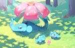  absurdres baikinman640 bright_pupils bulbasaur commentary_request day flower grass highres light_rays lying no_humans open_mouth outdoors pink_flower pokemon pokemon_(creature) smile tree venusaur white_pupils 