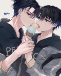  2boys black_eyes black_hair blue_hair dual_persona facing_another highres holding_ice_cream_cone ice_cream_cone inukai_yuto looking_ahead looking_at_viewer male_focus multico multiple_boys open_mouth paradox_live red_eyes selfcest short_hair sirofuku414 tongue tongue_out white_background yaoi 
