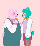  2023 abbytabbys achuchones_(unicorn_wars) anthro bear biped bodily_fluids bottomwear bow_tie clothing duo gordi_(unicorn_wars) green_body hi_res mammal overalls overweight pants pink_body prosthetic prosthetic_leg prosthetic_limb shirt tears topwear unicorn_wars 