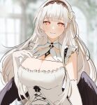  1girl absurdres azur_lane black_wings blunt_bangs blurry blurry_background blush breasts cleavage cleavage_cutout closed_mouth clothing_cutout cross-shaped_pupils dress elbow_gloves feathered_wings flower frills gloves hair_flower hair_ornament hand_up highres indoors large_breasts light_smile long_hair looking_at_viewer maid maid_headdress plant red_eyes sak_orz scylla_(azur_lane) smile solo symbol-shaped_pupils white_dress white_gloves white_hair window wings 