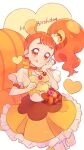  1girl :q animal_ears arisugawa_himari cake_hair_ornament choker cure_custard earrings elbow_gloves food-themed_hair_ornament gloves hair_ornament heart highres jewelry kirakira_precure_a_la_mode long_hair magical_girl orange_choker orange_eyes orange_hair orange_headwear pouch precure pudding_hair_ornament qianxia_yell side_ponytail solo squirrel_ears squirrel_girl squirrel_tail tail tongue tongue_out white_gloves 