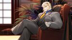  anthro astosis blonde_hair chair clock clothing detailed_background felid fur furniture gloves hair handwear hi_res lifewonders lion live_a_hero male mammal muscular muscular_anthro muscular_male necktie neilos0526 pantherine sitting solo suit watch white_body white_fur wristwatch 