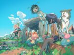  2girls animal blue_sky candle carles_dalmau cloud day dog grass highres mountain multiple_girls open_mouth outdoors shirt short_hair sitting sky smile ufo 