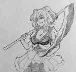  1girl breasts cleavage coin commentary dress greyscale hair_bobbles hair_ornament highres holding holding_scythe kanaria_(bocmn) monochrome obi one-hour_drawing_challenge onozuka_komachi sash scythe short_hair simple_background sketch smile solo touhou traditional_media two_side_up 