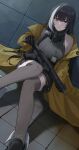  1girl absurdres bare_shoulders black_hair black_skirt black_thighhighs breasts closed_mouth commentary dutch_angle girls&#039;_frontline grey_sweater gun heterochromia highres holding holding_gun holding_weapon id_card jacket knees_together_feet_apart large_breasts long_hair long_sleeves looking_at_viewer multicolored_hair on_floor pleated_skirt red_eyes ribbed_sweater ro635_(girls&#039;_frontline) sitting skirt sleeveless sleeveless_sweater solo streaked_hair sweater thighhighs two-tone_hair weapon white_hair yellow_eyes yellow_jacket zaq_(zaqsta) 