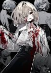  1boy belt black_background black_belt black_choker black_pants blonde_hair blood blood_on_clothes blood_on_face blood_on_hands blood_on_knife choker closed_mouth commission hair_over_one_eye highres holding holding_knife knife male_focus merumerimera open_mouth original pale_skin pants red_eyes shirt skeb_commission smile solo white_hair white_shirt 