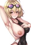 1girl absurdres ahoge anis_(nikke) arm_behind_head armpits between_breasts black_one-piece_swimsuit blush breasts cat_hair_ornament clothes_between_breasts collarbone commentary_request covered_navel eyewear_on_head goddess_of_victory:_nikke hair_ornament highres large_breasts light_brown_hair looking_at_viewer nipples one-piece_swimsuit one_breast_out parapetto pink-tinted_eyewear presenting_armpit simple_background smile solo standing sunglasses swimsuit teeth tinted_eyewear white_background yellow_eyes 