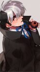  1boy beachricefield black_coat black_hair black_jack_(character) black_jack_(series) blue_ribbon coat collared_shirt grey_background highres holding holding_smoking_pipe long_sideburns long_sleeves looking_at_viewer male_focus multicolored_hair neck_ribbon open_mouth red_eyes ribbon scar scar_on_cheek scar_on_face shirt short_hair sideburns simple_background smoking_pipe solo split-color_hair thick_eyebrows two-tone_hair white_hair white_shirt 