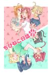  &gt;_&lt; 6+girls ahoge animal_ear_fluff animal_ears black_hair blonde_hair blue_eyes blue_hair blunt_bangs blush bow bowtie braid brown_hair carrying carrying_person cat_ears cat_tail chibi closed_mouth cover cover_page crown_braid crying doujin_cover fang green_bow green_bowtie green_eyes green_shirt grey_hair grey_sailor_collar hair_between_eyes hair_bun hair_ornament hairclip half_updo highres hug kashikaze kemonomimi_mode kunikida_hanamaru kurosawa_dia kurosawa_ruby long_hair long_sleeves love_live! love_live!_sunshine!! matsuura_kanan medium_hair multiple_girls off-shoulder_shirt off_shoulder ohara_mari open_mouth orange_hair ponytail red_hair sailor_collar sakurauchi_riko school_uniform serafuku shirt short_sleeves siblings sidelocks single_hair_ring single_side_bun single_sidelock sisters sweatdrop tail takami_chika translated tsushima_yoshiko two_side_up upper_body uranohoshi_school_uniform watanabe_you wavy_mouth white_shirt yellow_eyes 