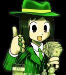  1girl :d artist_name azumanga_daioh banknote black_background black_eyes black_hair collared_shirt commentary dress_shirt fedora gangster_spongebob_(meme) green_headwear green_jacket green_necktie green_suit hand_up hat holding holding_money jacket jewelry kasuga_ayumu looking_at_viewer medium_hair meme money multiple_rings necktie open_mouth pinstripe_pattern pinstripe_suit ring shirt simple_background smile solo streetpasssaji striped suit suit_jacket thumbs_up upper_body white_shirt 