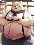  2023 anthro belly beverage big_belly bottomwear canid canine canis clothing coffee domestic_dog eyes_closed eyewear glasses hi_res humanoid_hands kemono male mammal metaporin mug overweight overweight_male pants shirt solo suspenders topwear 