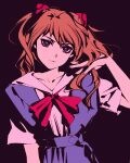  1girl :| adjusting_hair arm_at_side blue_eyes blue_skirt bow bowtie bright_pupils closed_mouth collarbone collared_shirt dress_shirt hand_to_head head_tilt interface_headset long_hair looking_at_viewer loose_hair_strand moshimoshibe neon_genesis_evangelion red_bow red_bowtie red_hair romaji_commentary school_uniform serious shirt short_sleeves simple_background skirt solo souryuu_asuka_langley standing tokyo-3_middle_school_uniform two_side_up upper_body v-shaped_eyebrows white_shirt 