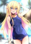  1girl adjusting_hair blonde_hair blue_eyes blue_one-piece_swimsuit bracelet breasts cowboy_shot elf highres jewelry multicolored_hair nakahira_guy necklace old_school_swimsuit one-piece_swimsuit original pointy_ears pool school_swimsuit sleeveless solo sparkle streaked_hair swimsuit teeth thighs upper_teeth_only 