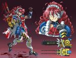  1girl apron armor blood blood_on_arm blood_on_clothes blood_on_face blood_on_ground blood_on_hands blood_on_leg blood_on_weapon chainsaw crazy_eyes crazy_smile cyborg doom_(series) evil_grin evil_smile eyepatch grin handle highres mecha_musume mechanical_legs mechanical_parts open_mouth personification pull_cord red_eyes red_hair smile solo substance20 teeth torn_clothes weapon white_apron white_headdress 