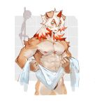  2023 anthro arknights athletic athletic_anthro athletic_male bathroom canid canine canis chico2048 domestic_dog fur hair hi_res horn hung_(arknights) hypergryph long_hair male mammal orange_hair pubes solo studio_montagne tan_body tan_fur white_body white_fur white_hair yellow_eyes 