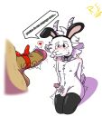  anthro balls blushing_male bodily_fluids bovid bovid_horn bow_tie bunny_costume caprine caprine_horn clothing costume duo fur genital_fluids genitals gift_bow goat goat_horn hi_res high_socks horn male male/male mammal penis precum raul_maduro raul_maduro_(oc) vein veiny_penis white_body white_fur 