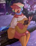  2023 anthro avian beak clothed clothing dated detailed_background digital_media_(artwork) eyes_closed female fully_clothed hi_res holding_musical_instrument holding_object log musical_instrument outside playing_music signature sitting snow solo tohupo tongue wood 