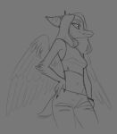  anthro bottomwear clothed clothing dinosaur fang_(gvh) feathered_wings feathers female goodbye_volcano_high grey_background hair half-closed_eyes hand_on_hip long_hair long_snout monochrome narrowed_eyes navel pants pterodactylus pterosaur reptile scalie simple_background sketch snoot_game_(fan_game) snout solo torn_bottomwear torn_clothing torn_pants unknown_artist wings 