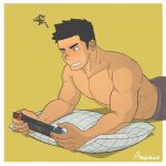  1boy amaimao bara blush boxers clenched_teeth grey_male_underwear handheld_game_console highres holding holding_handheld_game_console large_pectorals lying male_focus male_underwear muscular muscular_male nintendo_switch on_stomach original pectorals pillow short_hair solo squiggle teeth topless_male underwear yellow_background 