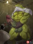  abs anthro balls bna_v5 bodily_fluids dorohedoro genitals glory_hole green_body green_scales hi_res kaiman_(dorohedoro) lizard male masturbation muscular muscular_male nipples pecs penis reptile scales scalie solo sweat toilet vein veiny_penis 