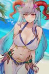  1girl armlet arms_at_sides beach bikini blue_hair blue_sky blush breasts cleavage cloud cowboy_shot curled_horns fire_emblem fire_emblem_heroes flower freyja_(fire_emblem) freyja_(summer)_(fire_emblem) goat_girl goat_horns grey_hair hair_ornament highres horizon horns jewelry large_breasts long_hair looking_at_viewer mature_female multicolored_hair navel official_alternate_costume pelvic_curtain red_eyes red_horns rotomdocs sideboob sky solo swimsuit twitter_username white_bikini 