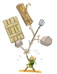  1boy arm_up blonde_hair bow_(weapon) cathiane holding holding_weapon link log open_mouth pitchfork pointy_ears rock smile solo standing stick the_legend_of_zelda the_legend_of_zelda:_tears_of_the_kingdom weapon weapon_on_back wooden_door 