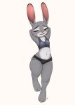  2023 3_toes absurd_res anthro barefoot bottomwear bra breasts buckteeth claws clothed clothing cutoffs dated denim denim_clothing digital_media_(artwork) disney feet female fur grey_body grey_fur half-closed_eyes hands_behind_back hands_behind_head hi_res hotpants judy_hopps lagomorph leporid louart mammal midriff narrowed_eyes navel open_mouth open_smile rabbit shorts signature simple_background smile solo sports_bra standing teeth toe_claws toes tongue topwear underwear zootopia 